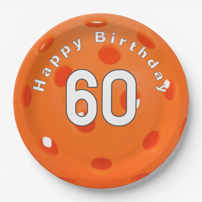 60th Birthday Orange Pickleball Paper Plate (Front)