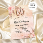 60th birthday pampas grass rose gold florals invitation<br><div class="desc">A rose gold,  blush pink rustic faux metallic looking background. Decorated with rose gold and pink florals,  roses,  pampas grass.  Personalise and add a name and party details. Number 60 is written with a balloon style font.</div>