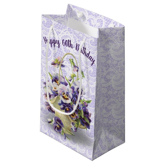 60th Birthday Pansy Basket On Lace Small Gift Bag (Front Angled)