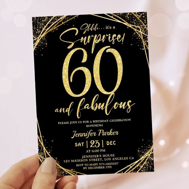 60th Birthday Party 60 Fabulous Black Gold Glitter Invitation (Creator Uploaded)