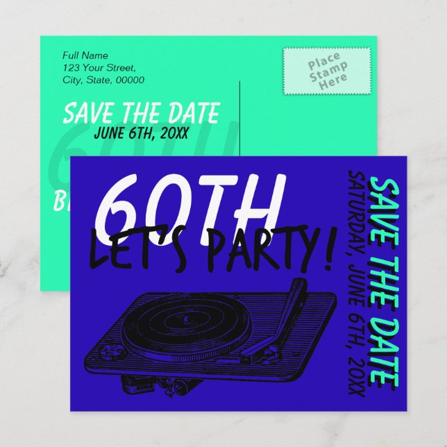 60th Birthday Party 60s Blue Save the date Announcement Postcard (Front/Back)