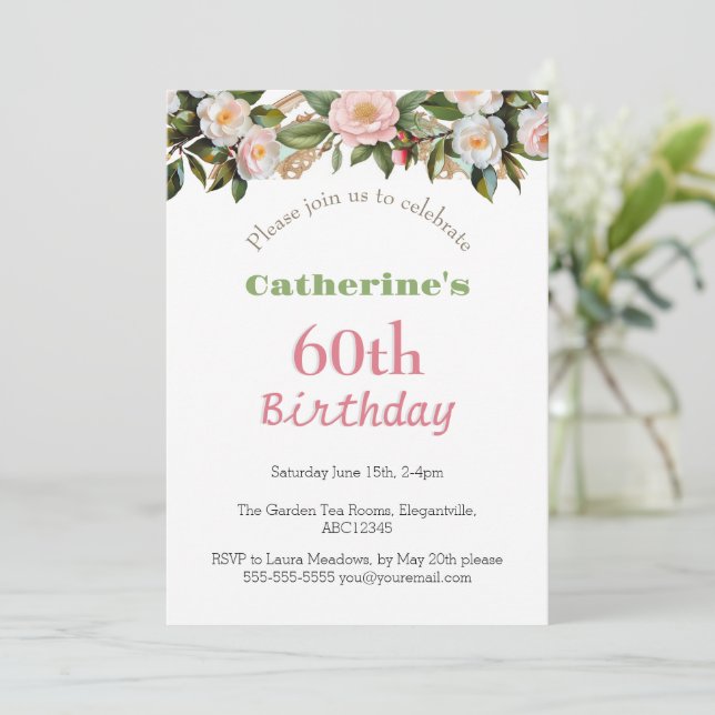 60th Birthday Party Afternoon Tea Floral Pretty Invitation (Standing Front)