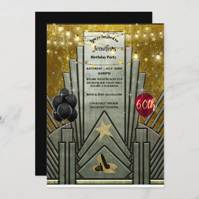 60th Birthday Party Art Deco Gatsby Theme Invitati Invitation (Front/Back)