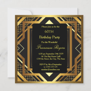 60th Birthday Party Art Deco Gold Black Invitation