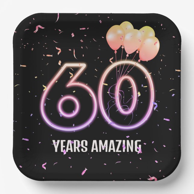 60th Birthday Party Balloons and Confetti Paper Plate (Front)