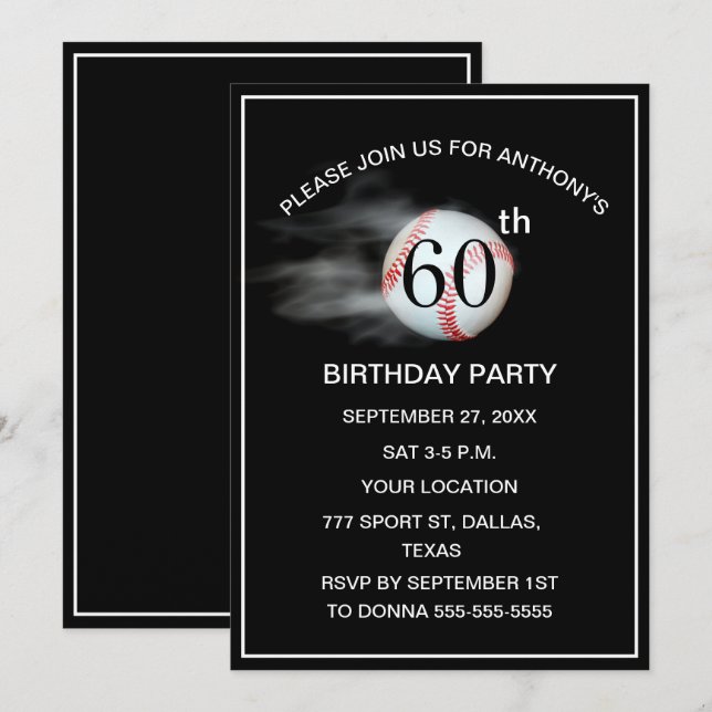 60th Birthday Party Baseball Black Dad Sport  Invitation (Front/Back)
