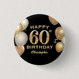 60th Birthday Party Black and Gold Balloons 3 Cm Round Badge