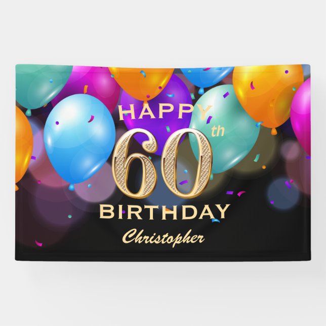 60th Birthday Party Black and Gold Balloons Banner (Horizontal)