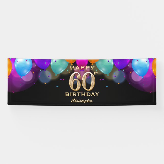 60th Birthday Party Black and Gold Balloons Banner (Horizontal)