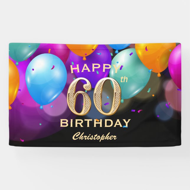 60th Birthday Party Black and Gold Balloons Banner (Horizontal)