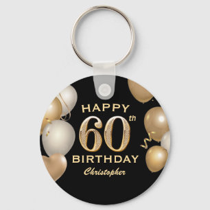 60th Birthday Party Black and Gold Balloons Key Ring