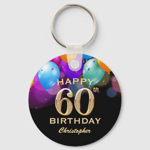 60th Birthday Party Black and Gold Balloons Key Ring