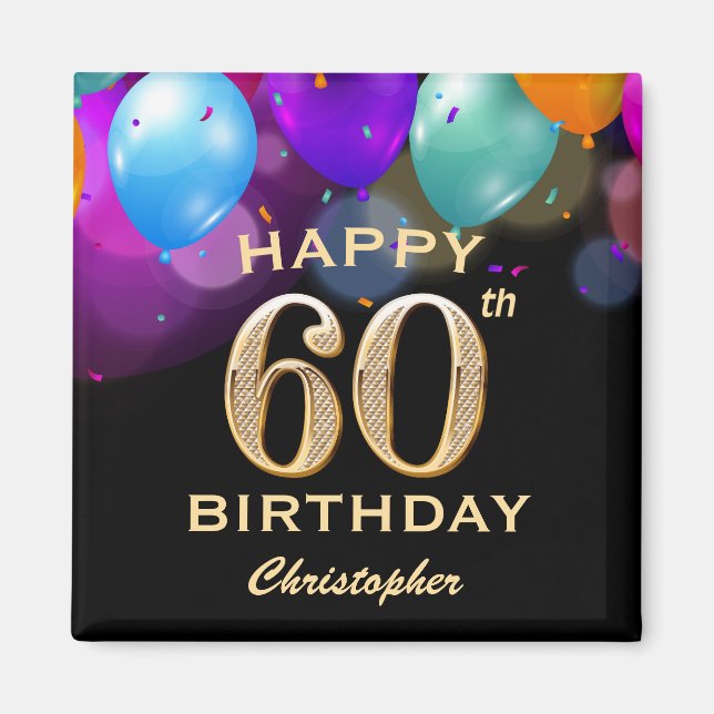 60th Birthday Party Black and Gold Balloons Magnet (Front)