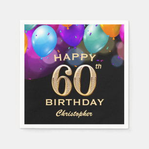 60th Birthday Party Black and Gold Balloons Napkin