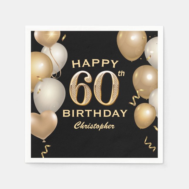 60th Birthday Party Black and Gold Balloons Napkin (Front)