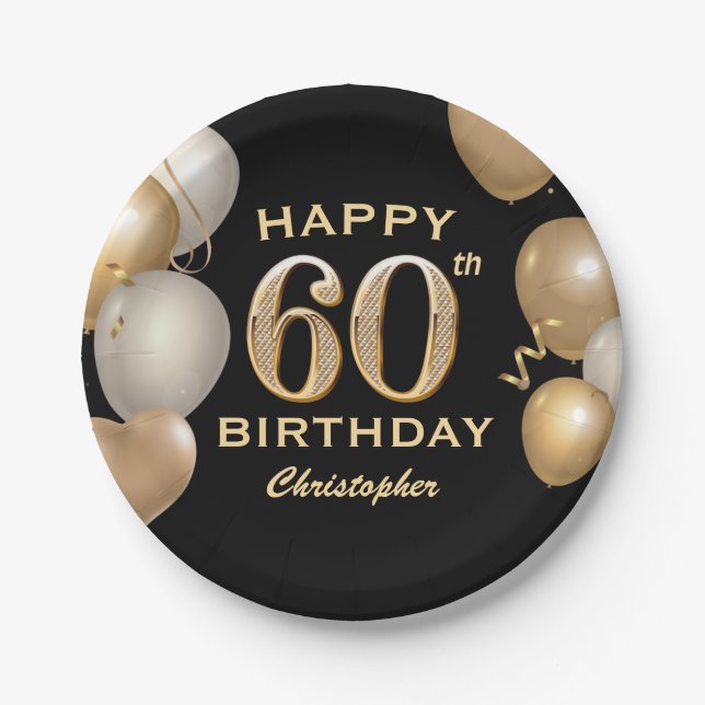 60th Birthday Party Black and Gold Balloons Paper Plate (Front)