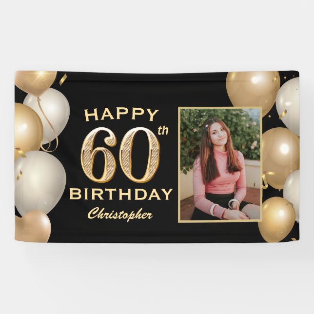 60th Birthday Party Black and Gold Balloons Photo Banner (Horizontal)