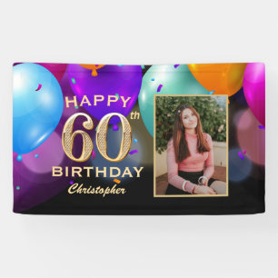 60th Birthday Party Black and Gold Balloons Photo Banner