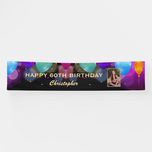 60th Birthday Party Black and Gold Balloons Photo Banner (Horizontal)