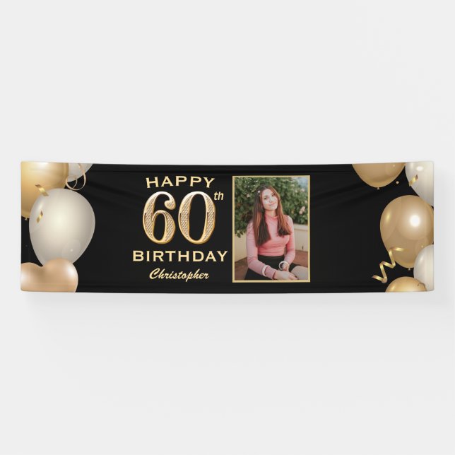60th Birthday Party Black and Gold Balloons Photo Banner (Horizontal)