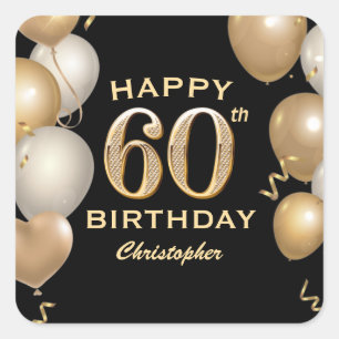 60th Birthday Party Black and Gold Balloons Square Sticker