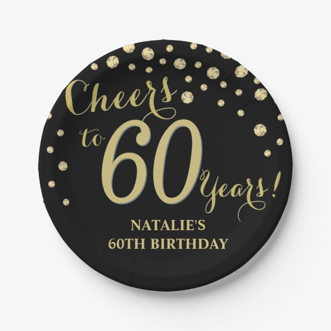 60th Birthday Party Black and Gold Diamond Paper Plate (Front)