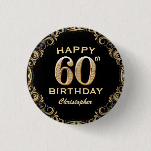 60th Birthday Party Black and Gold Glitter Frame 3 Cm Round Badge