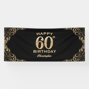 60th Birthday Party Black and Gold Glitter Frame Banner