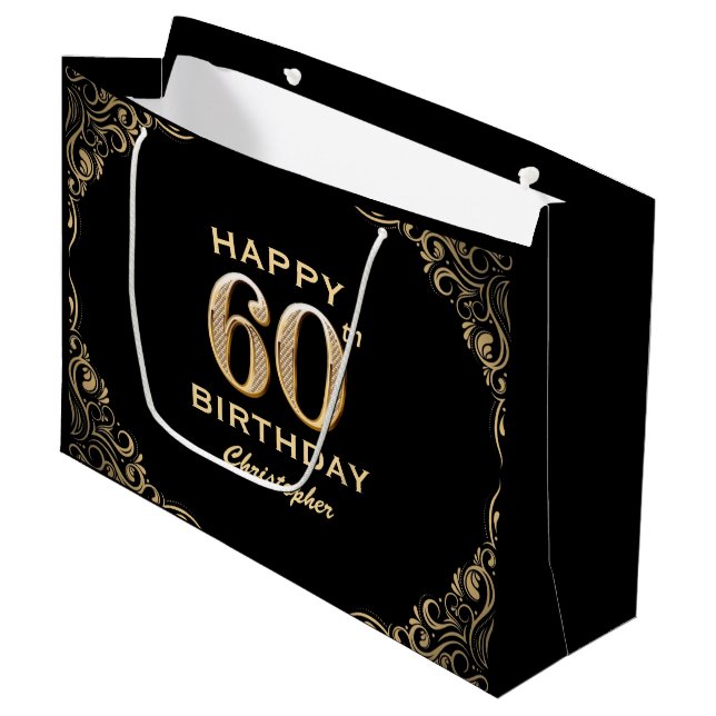 60th Birthday Party Black and Gold Glitter Frame Large Gift Bag (Front Angled)