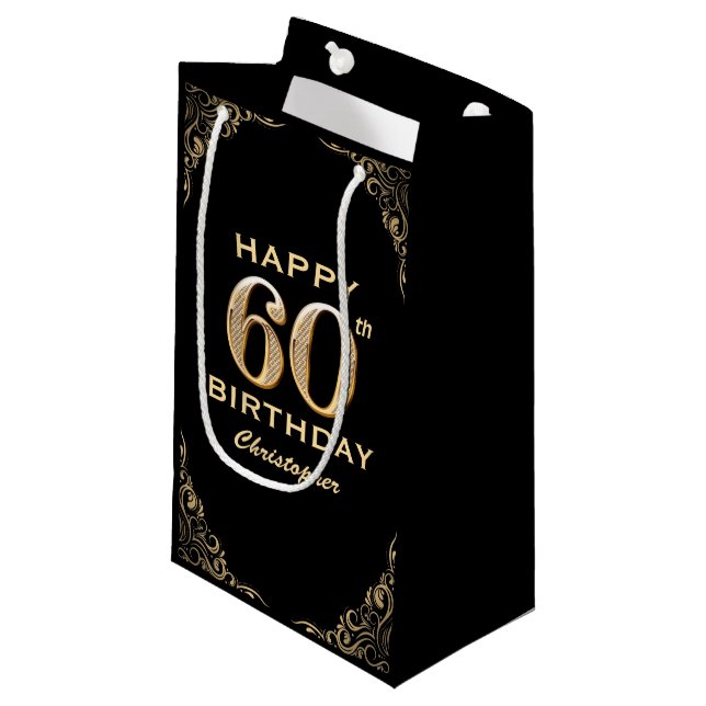 60th Birthday Party Black and Gold Glitter Frame Small Gift Bag (Front Angled)