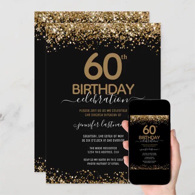 60th Birthday Party Black and Gold Invitation | Zazzle