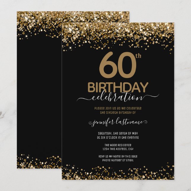 60th Birthday Party Black and Gold Invitation (Front/Back)