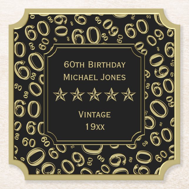 60th Birthday Party Black and Gold Theme Paper Coaster (Front)