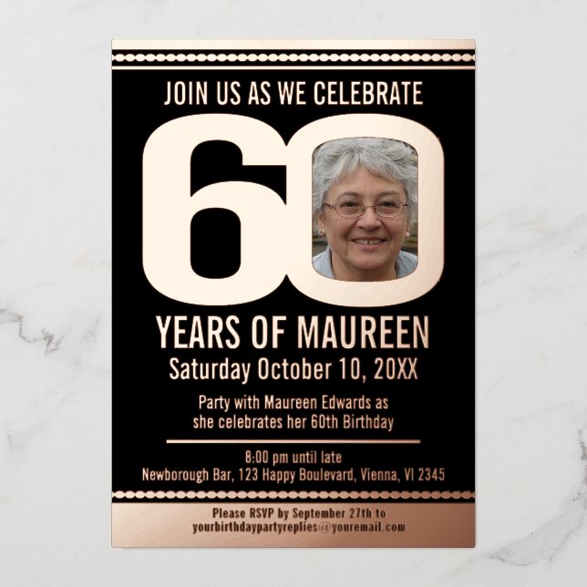 60th Birthday party black and rose gold foil photo (Front)