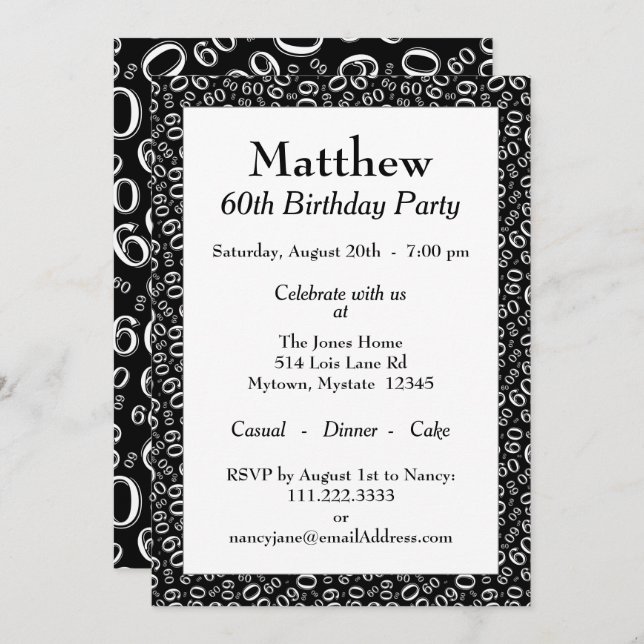 60th Birthday Party Black and White Number Pattern Invitation (Front/Back)
