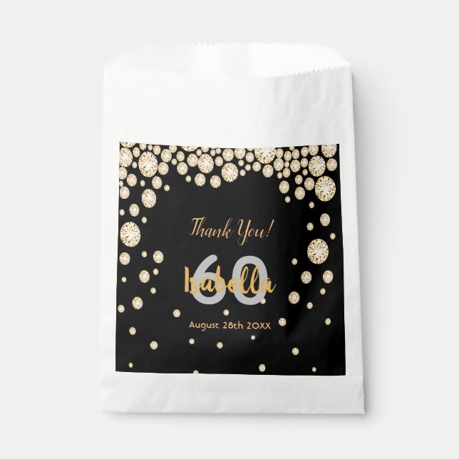 60th birthday party black gold diamonds thank you favour bags (Front)
