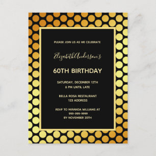 60th birthday party black gold dots invitation postcard