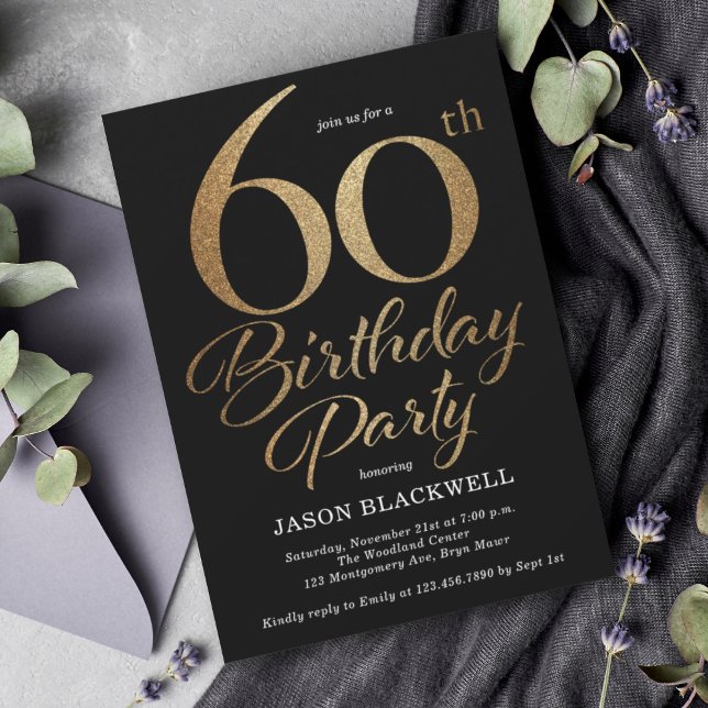 60th Birthday Party Black & Gold Invitation (Creator Uploaded)