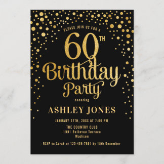 60th Birthday Party - Black & Gold Invitation