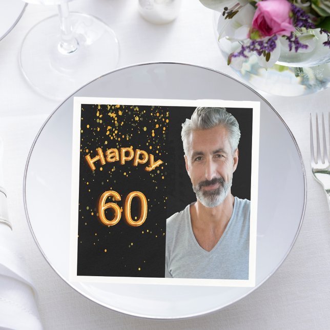 60th birthday party black gold photo napkin (Creator Uploaded)