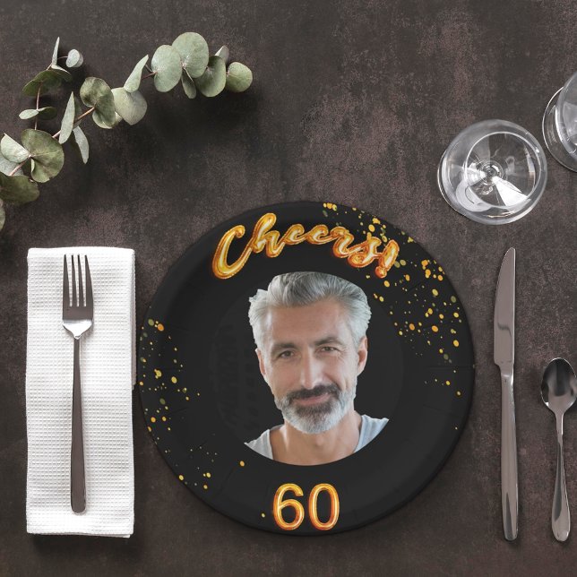 60th birthday party black gold photo paper plate (Creator Uploaded)