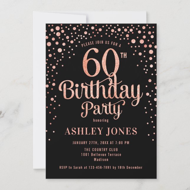 60th Birthday Party - Black & Rose Gold Invitation (Front)