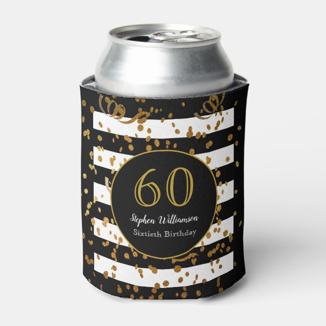 60th Birthday Party| Black White and Gold Glitter Can Cooler (Can Front)