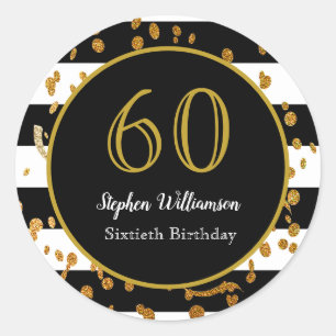 60th Birthday Party Black White and Gold Glitter Classic Round Sticker