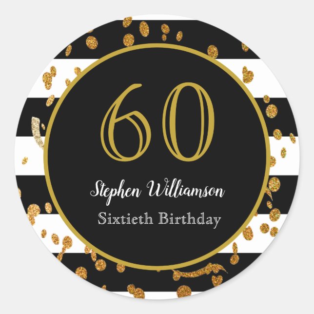 60th Birthday Party| Black White and Gold Glitter Classic Round Sticker (Front)