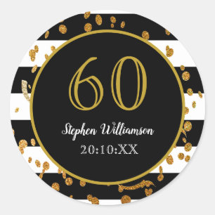60th Birthday Party  Black White and Gold Glitter Classic Round Sticker