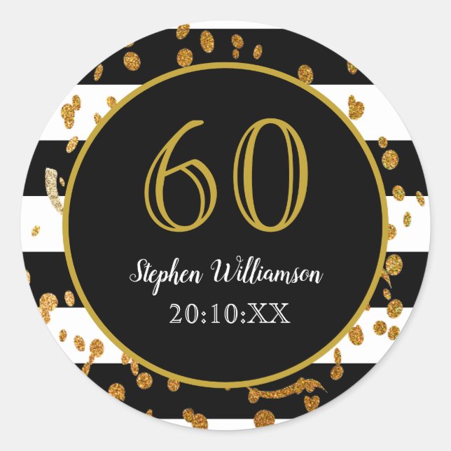 60th Birthday Party| Black White and Gold Glitter Classic Round Sticker (Front)