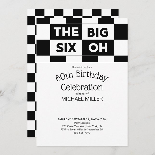 60th Birthday Party Black White Chequered Pattern Invitation (Front/Back)