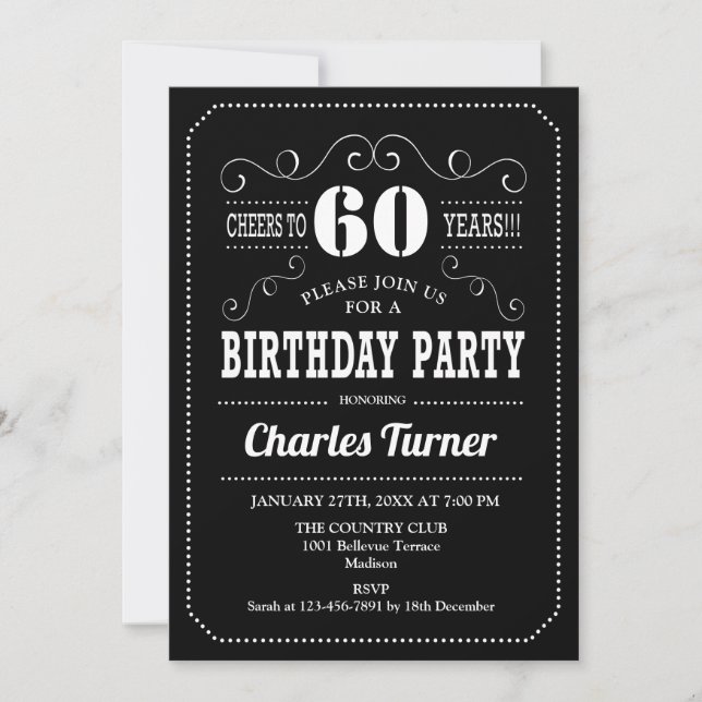 60th Birthday Party - Black White Invitation (Front)