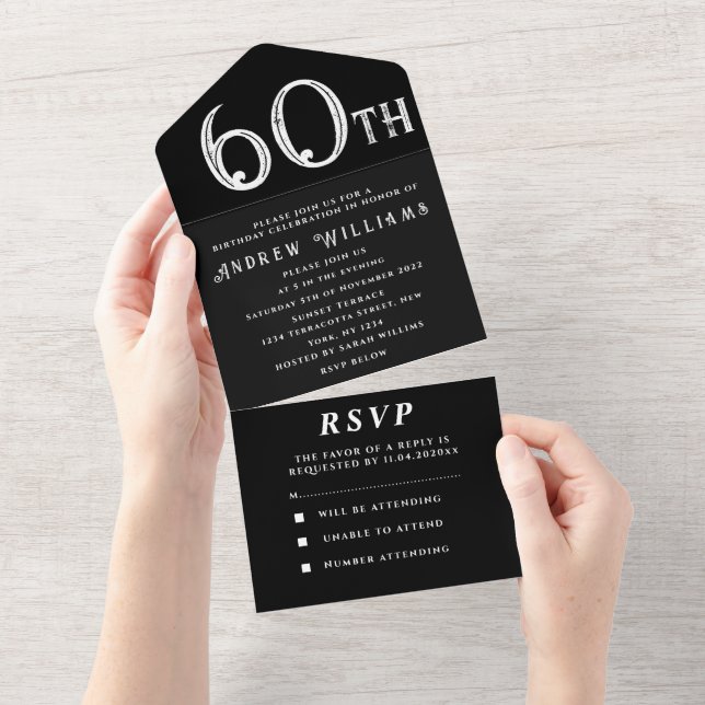 60th Birthday Party Black White Simple Modern All In One Invitation (Tearaway)